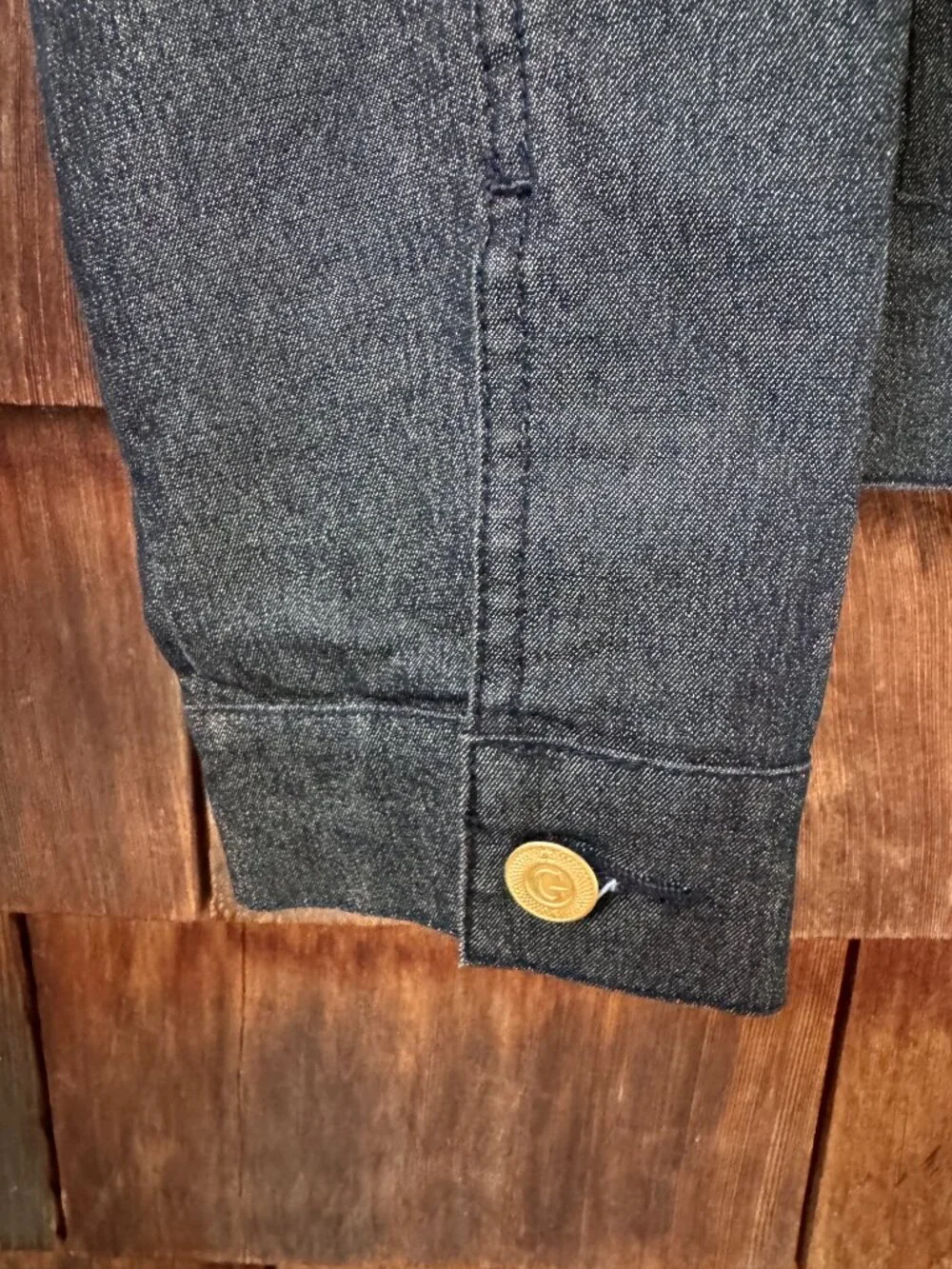 Vintage GUESS Metallic Gold Thread Black Denim Trucker Jacket in Women's Large